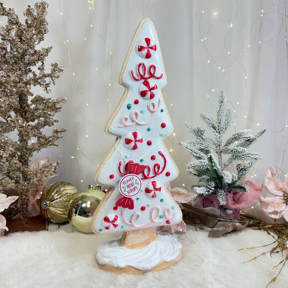Other - Christmas Holiday Peppermint Square 20" Resin Flat Gingerbread Snowy Tree Figure